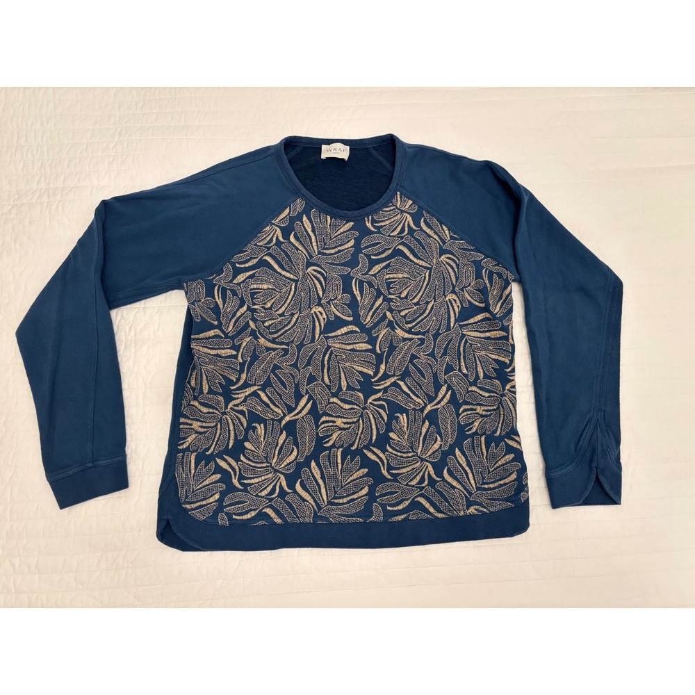 Wrap London Mineral Blue Tan Embroidered Leaf Scoop Sweatshirt Cotton/Linen 10